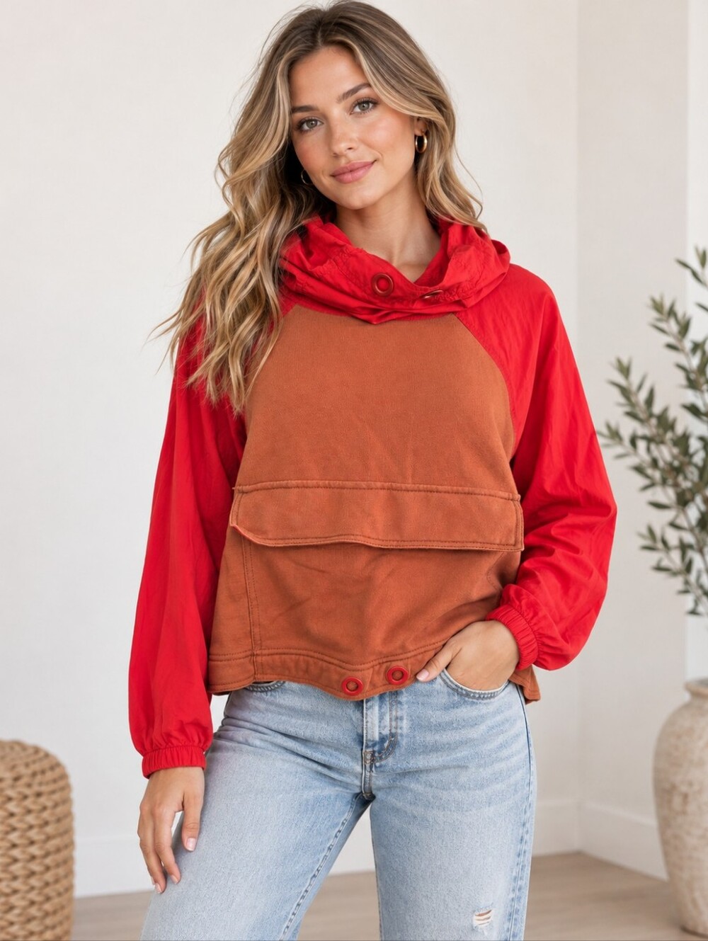 We The Free Free People Hooded Pullover Size M Red Rust Mixed Media Utility